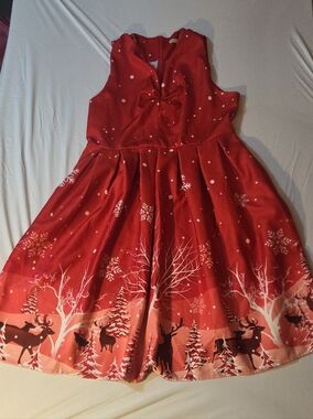 Holiday Plus Size Red Midi Dress with Snowflake & Reindeer Print Size 2X EUC
